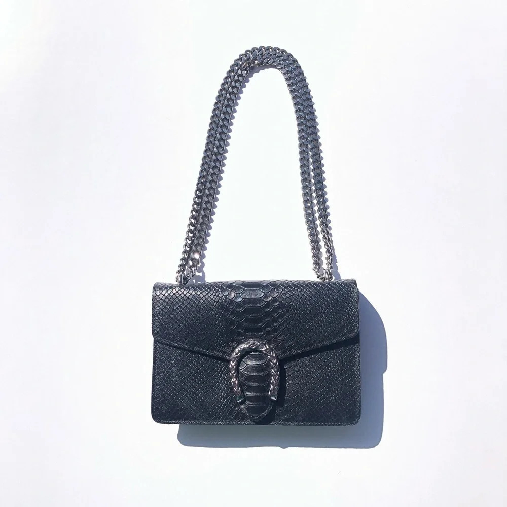 Borse in Pelle Black Leather Chain Strap Crossbody Shoulder Bag